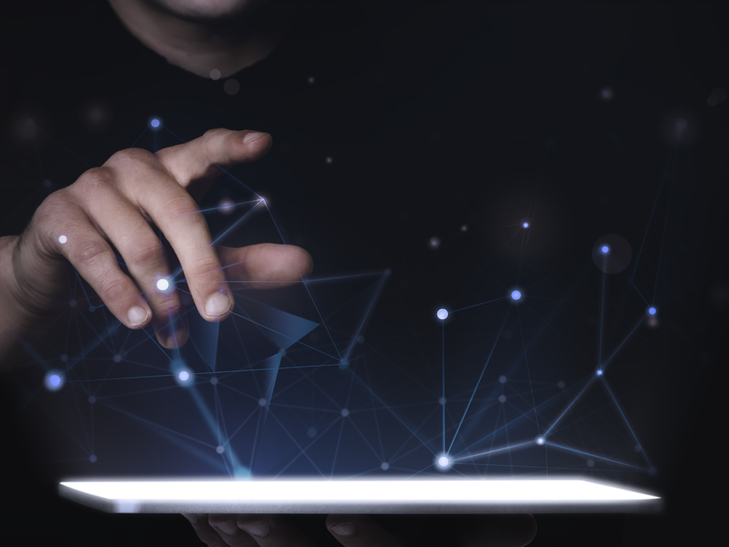 man using digital tablet psd mockup smart technology