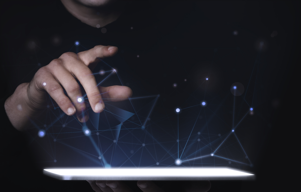 man using digital tablet psd mockup smart technology